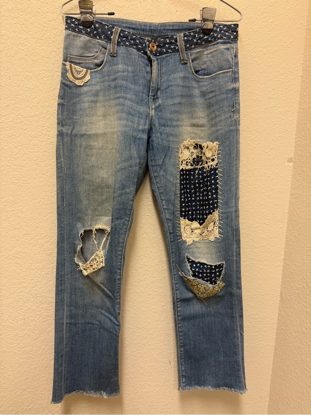Women's Blue Patchwork Wide Leg Jeans with Lace Accents